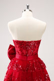 Red Sequined A Line Tiered Corset Strapless Mini Dress with Bows