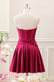 Burgundy Pleated A Line Corset Keyhole Strapless Mini Dress