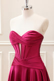 Burgundy Pleated A Line Corset Keyhole Strapless Mini Dress