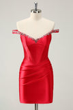 Glitter Red Beaded Off the Shoulder Satin Tight Mini Dress