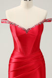 Glitter Red Beaded Off the Shoulder Satin Tight Mini Dress