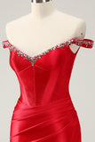 Glitter Red Beaded Off the Shoulder Satin Tight Mini Dress