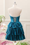 Unique Peacock Blue Strapless Tiered Pleated Corset A Line Mini Dress