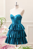 Unique Peacock Blue Strapless Tiered Pleated Corset A Line Mini Dress