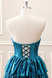 Unique Peacock Blue Strapless Tiered Pleated Corset A Line Mini Dress