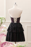 Sparkly Black Pink Beaded A Line Corset Strapless Mini Dress