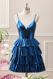 Glitter Ink Blue Spaghetti Straps A Line Tiered Mini Dress