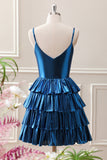 Glitter Ink Blue Spaghetti Straps A Line Tiered Mini Dress