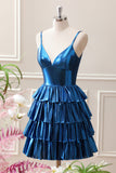 Glitter Ink Blue Spaghetti Straps A Line Tiered Mini Dress