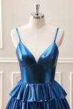 Glitter Ink Blue Spaghetti Straps A Line Tiered Mini Dress