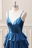 Glitter Ink Blue Spaghetti Straps A Line Tiered Mini Dress