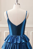 Glitter Ink Blue Spaghetti Straps A Line Tiered Mini Dress