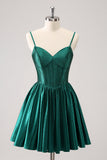 Dark Green A-Line Spaghetti Straps Corset Pleated Mini Dress