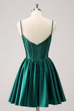 Dark Green A-Line Spaghetti Straps Corset Pleated Mini Dress