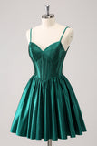 Dark Green A-Line Spaghetti Straps Corset Pleated Mini Dress