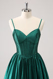 Dark Green A-Line Spaghetti Straps Corset Pleated Mini Dress