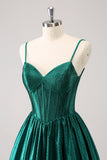 Dark Green A-Line Spaghetti Straps Corset Pleated Mini Dress