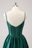 Dark Green A-Line Spaghetti Straps Corset Pleated Mini Dress