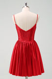 Red A Line Spaghetti Straps Corset Pleated Mini Dress