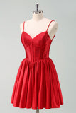 Red A Line Spaghetti Straps Corset Pleated Mini Dress