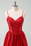 Red A Line Spaghetti Straps Corset Pleated Mini Dress