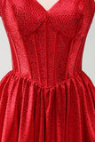 Red A Line Spaghetti Straps Corset Pleated Mini Dress