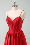 Red A Line Spaghetti Straps Corset Pleated Mini Dress