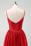 Red A Line Spaghetti Straps Corset Pleated Mini Dress