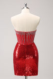 Sparkly Red Strapless Corset Sequined Beaded Tight Mini Dress with Slit