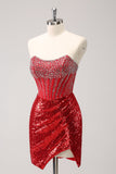 Sparkly Red Strapless Corset Sequined Beaded Tight Mini Dress with Slit