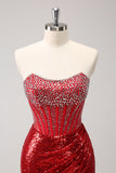 Sparkly Red Strapless Corset Sequined Beaded Tight Mini Dress with Slit