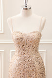 Sparkly Golden Sequined Corset Tight Spaghetti Straps Mini Dress