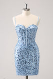 Sparkly Blue Corset Sequined Spaghetti Straps Tight Mini Dress