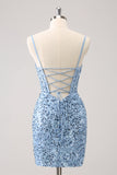 Sparkly Blue Corset Sequined Spaghetti Straps Tight Mini Dress