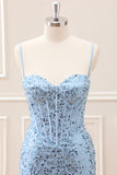 Sparkly Blue Tight Sequins Spaghetti Straps Mini Dress