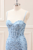 Sparkly Blue Tight Sequins Spaghetti Straps Mini Dress