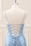 Sparkly Blue Tight Sequins Spaghetti Straps Mini Dress