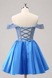 Blue A-Line Off the Shoulder Beaded Corset Pleated Mini Dress