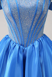 Sparkly Blue A-Line Off the Shoulder Beaded Satin Mini Dress