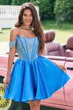 Blue A-Line Off the Shoulder Beaded Corset Pleated Mini Dress