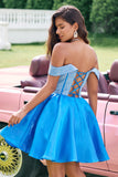 Sparkly Blue A-Line Off the Shoulder Beaded Satin Mini Dress