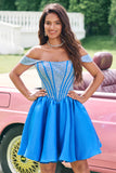 Blue A-Line Off the Shoulder Beaded Corset Pleated Mini Dress