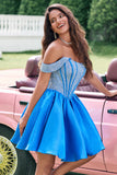 Blue A-Line Off the Shoulder Beaded Corset Pleated Mini Dress