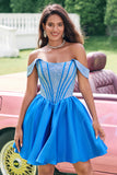 Blue A-Line Off the Shoulder Beaded Corset Pleated Mini Dress