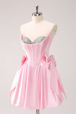 Pink A Line Strapless Corset Beaded Mini Dress with Bows