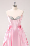 Pink A Line Strapless Corset Beaded Mini Dress with Bows