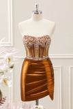 Sparkly Copper Ruched Strapless Corset Homecoming Dress with Beading