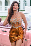 Unique Copper Strapless Beaded Corset Pleated Mini Dress