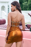 Unique Copper Strapless Beaded Corset Pleated Mini Dress