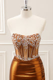 Sparkly Copper Ruched Strapless Corset Homecoming Dress with Beading